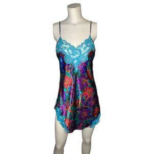VTG 80s Victorias Secret Gold Label Floral Satin Chemise Lace Trim P Nightgown